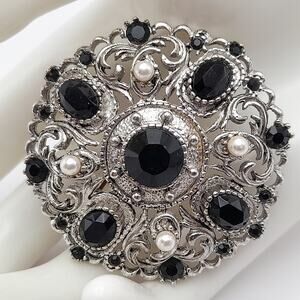 Vintage Black Glass Rhinestones Faux Pearls Silver Tone Brooch Pin - 2 Inches